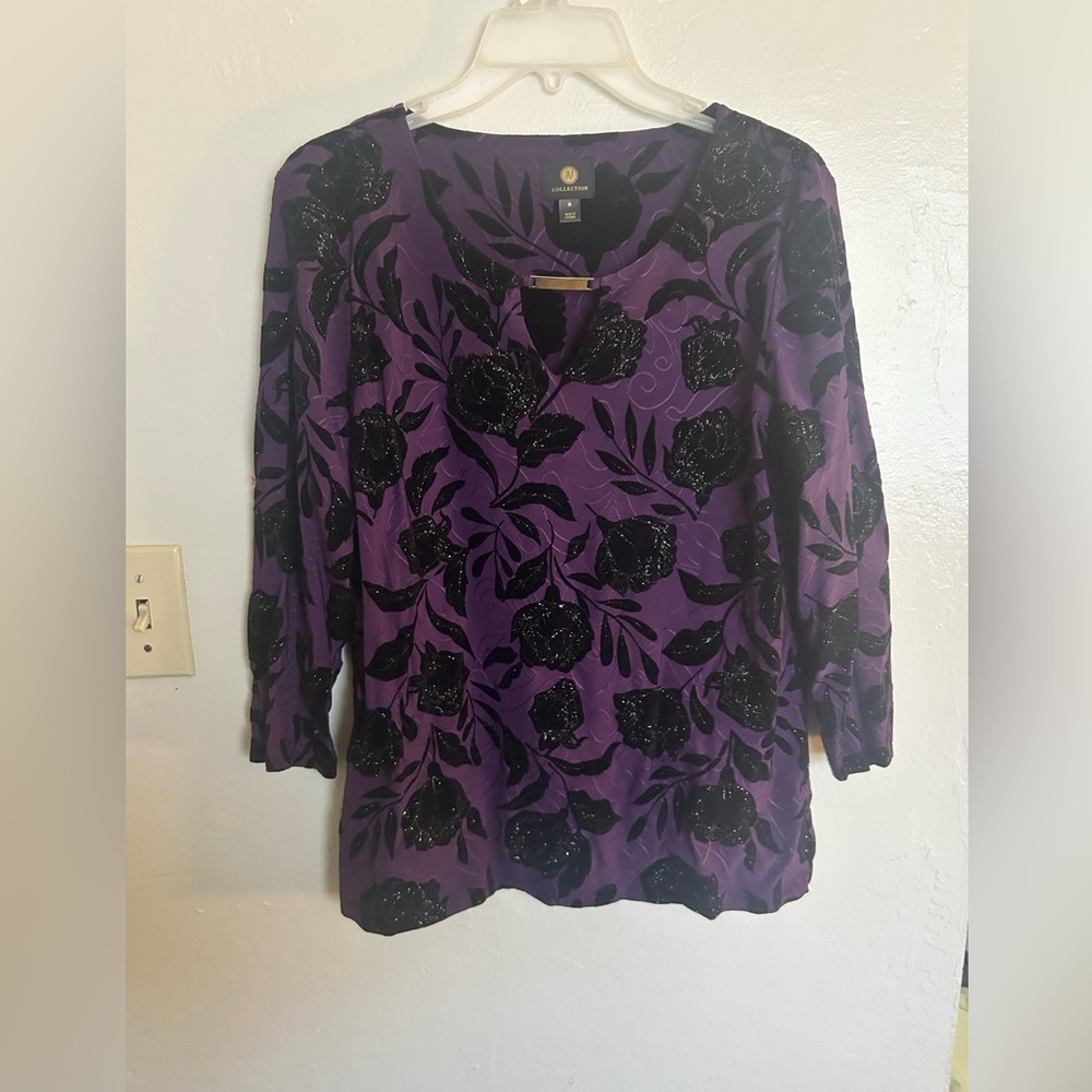 JM Collection Purple and Black Floral Blouse